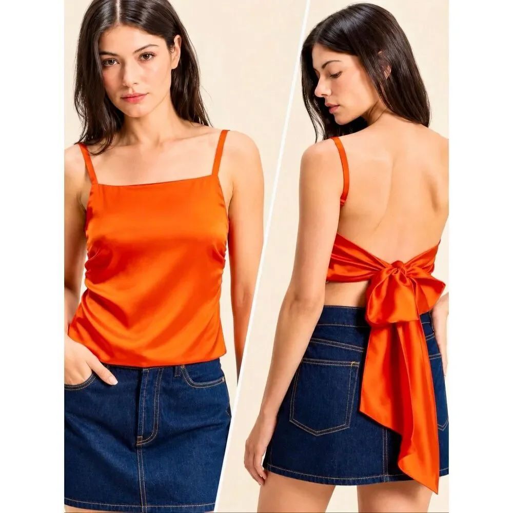 HYFVE Orange Satin Open Back Bow Tie Cami Top | Adjustable Back | Tomato Red